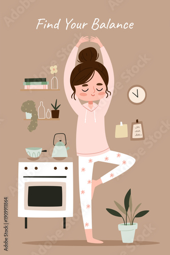 Woman practicing yoga in cozy kitchen interior. Scandinavian minimalism illustration with warm neutral tones and hygge lifestyle aesthetic. Find your balance concept for modern home decor.