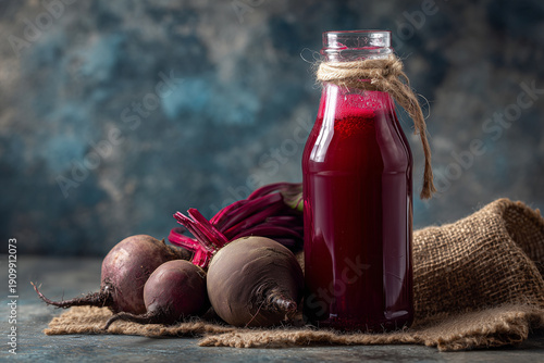 Fermented beet kvass in glass bottle with fresh beets on burlap