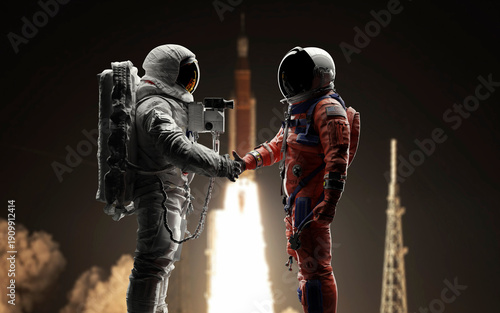 Two astronauts from different eras shaking hands, symbolizing the connection between historic and modern lunar exploration missions - Artemis and Apollo