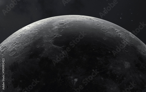 Highly detailed full moon sphere showing craters and surface textures against a dark starry space background, perfect for astronomical concepts