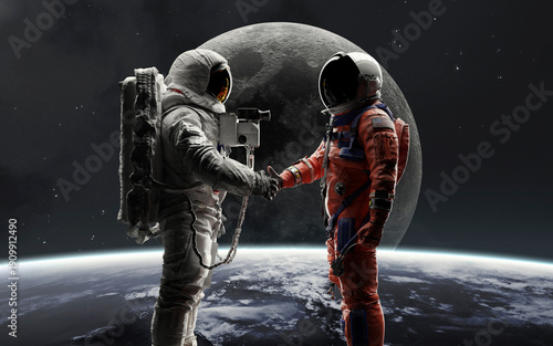 Two astronauts from different eras shaking hands, symbolizing the connection between historic and modern lunar exploration missions - Artemis and Apollo