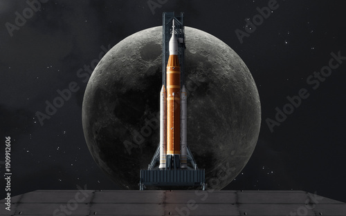 The Artemis II Space Launch System (SLS) mega-rocket awaits launch on the pad with the Moon centered behind its tip, symbolizing humanity's return to the lunar surface