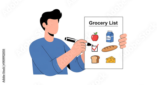 A man holding a grocery list and a pen, planning shopping