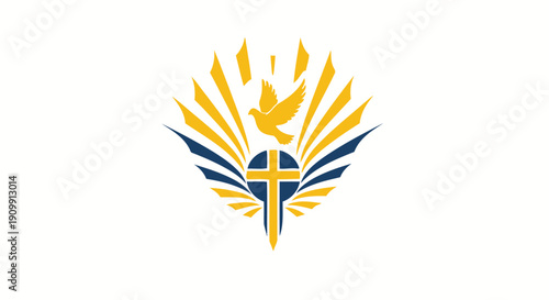 Christian symbol of dove and cross with wings and rays of light, emblem of faith and spirituality