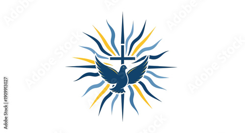 Christian symbol representing the Holy Spirit, a dove with outstretched wings, surrounded by a sunburst of yellow and blue rays, with a cross integrated into the center