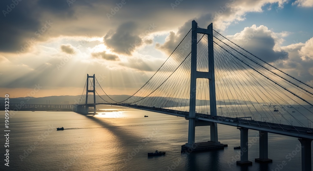 Obraz premium American Heritage: Suspension Bridge at Sunrise with Sun Rays
