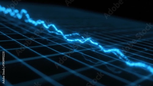 Abstract blue glowing line graph trending downwards on digital grid background, 3D motion graphics
