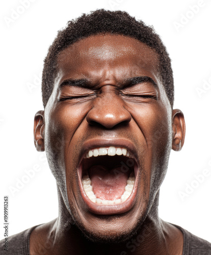 Raw emotion expressed through a powerful scream portrait intense focus, isolated on transparent background, png