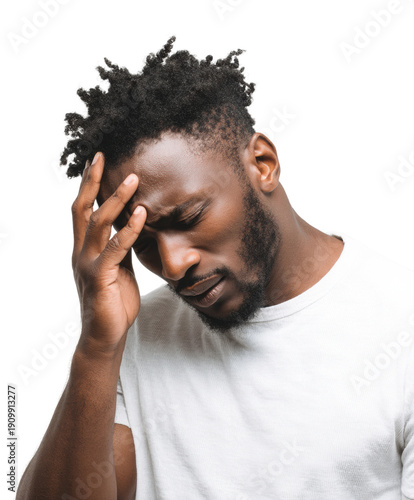 Struggling with stress man in white shirt portrait emotional turmoil, isolated on transparent background, png