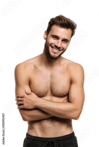 Smiling young man pose portrait bright casual fitness concept, isolated on transparent background, png