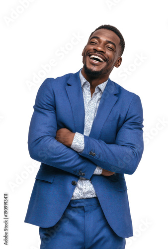 Cheerful man in business suit smiling on professional portrait positive vibes, isolated on transparent background, png