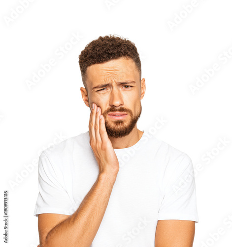 Man experiencing tooth pain in a clinical emotional moment portrait, isolated on transparent background, png