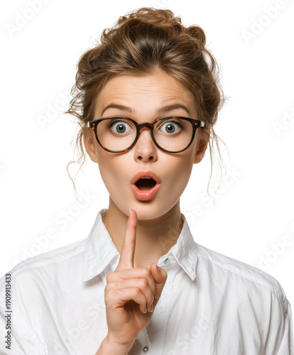 Surprised young woman making shhh gesture portrait bright direct view expression, isolated on transparent background, png
