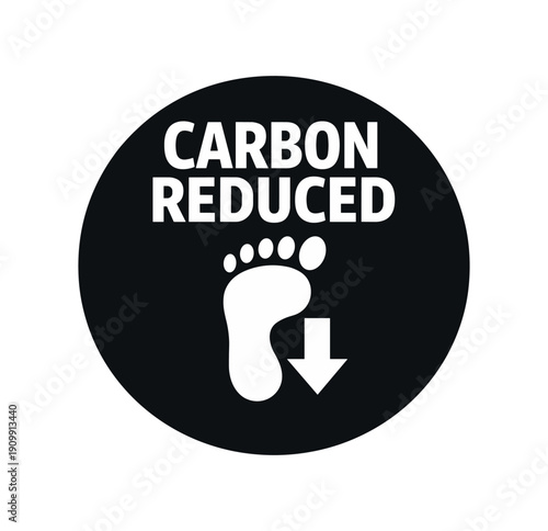 Flat vector badge CARBON REDUCED simple white footprint with down arrow