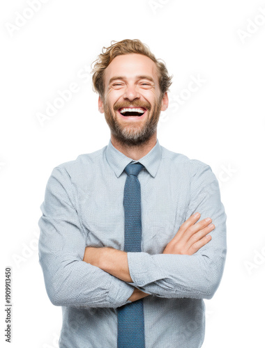 Joyful man laughing in professional portrait bright atmosphere cheerful expression, isolated on transparent background, png