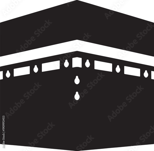 Kaaba architectural detail, Islamic holy site, Makkah landmark, black silhouette, geometric pattern, traditional building, sacred place facade