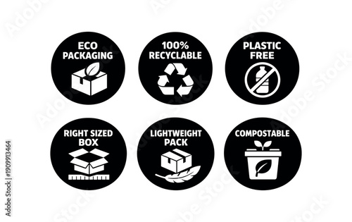 six separate flat vector badges badge solid black circle with the text consistent style and size badge texts and : ECO PACKAGING leaf box icon 100% RECYCLABLE recycle icon PLASTIC FREE