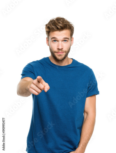 Engaging portrait of a young man pointing lifestyle direct view, isolated on transparent background, png