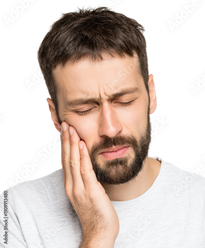 Man suffering from toothache dental office portrait frontal view health concern, isolated on transparent background, png