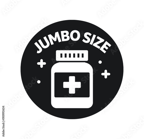 Flat vector badge JUMBO SIZE simple white bottle with plus sign
