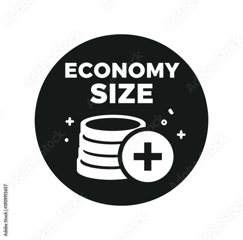 Flat vector badge ECONOMY SIZE simple white coin with plus sign