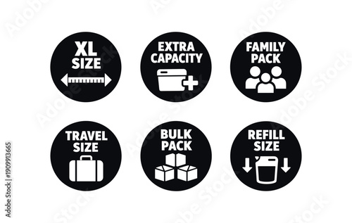 six separate flat vector badges badge solid black circle with the text consistent style and size badge texts and : XL SIZE ruler arrows icon EXTRA CAPACITY container plus icon FAMILY PACK