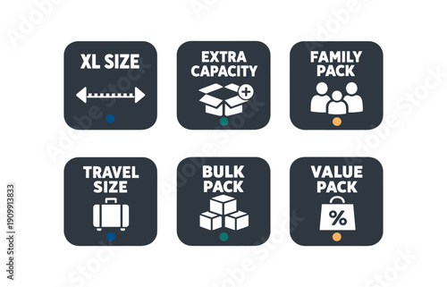 six separate flat vector () badges tiny muted color ( ) : XL SIZE ruler arrows icon EXTRA CAPACITY container plus icon FAMILY PACK users icon TRAVEL SIZE suitcase icon BULK PACK stacked