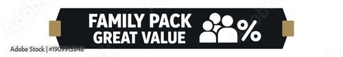 Flat vector label strip badge FAMILY PACK GREAT VALUE simple white users with percent sign pictogram beside text small tabs