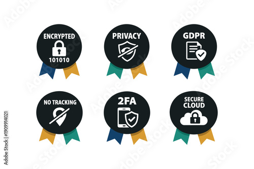 six separate flat vector ribbon badges badge solid black circle with two ribbon ( ) : ENCRYPTED lock binary icon PRIVACY shield eye slash icon GDPR doc check icon NO TRACKING pin slash icon