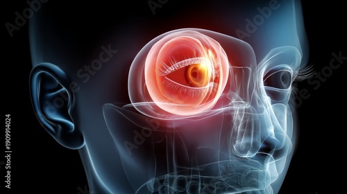 X-ray visualization showing eye disease condition with a glowing effect displayed in a human head model