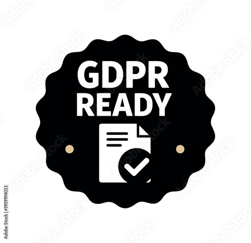 Flat vector seal stamp badge GDPR READY simple white document with checkmark tiny