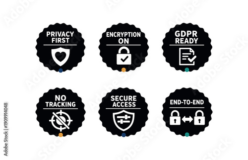 six separate flat vector seal stamp badges badge solid black scalloped edge circle with tiny muted ( ) : PRIVACY FIRST shield heart icon ENCRYPTION ON lock check icon GDPR READY doc check
