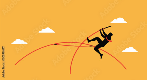 Businessman silhouette clearing high bar to achieve success