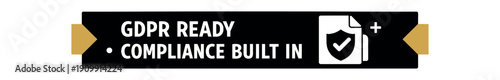 Flat vector label strip badge GDPR READY COMPLIANCE BUILT simple white document with shield check pictogram beside text small tabs