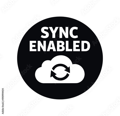 Flat vector badge SYNC ENABLED simple white cloud with refresh arrows