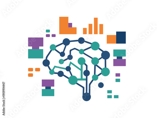 Artificial Intelligence Brain with Data Analytics and Business Growth Charts Illustration
