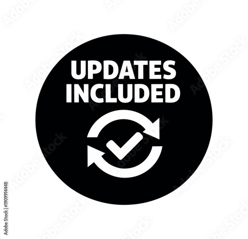 Flat vector badge UPDATES INCLUDED simple white refresh arrows with checkmark