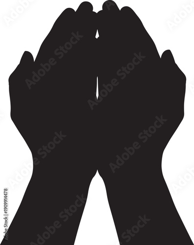 Two cupped hands silhouette in prayer position for religious faith and spiritual devotion isolated on transparent background for charity concept design