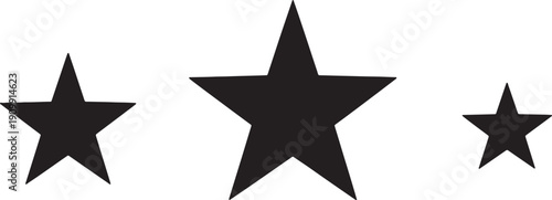 Three black stars silhouette set different sizes isolated design elements for rating ranking decoration graphic quality reward success achievement icons