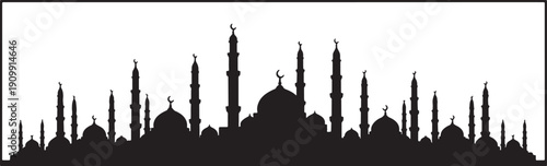 Silhouette skyline of multiple mosques on transparent checkered background vector illustration