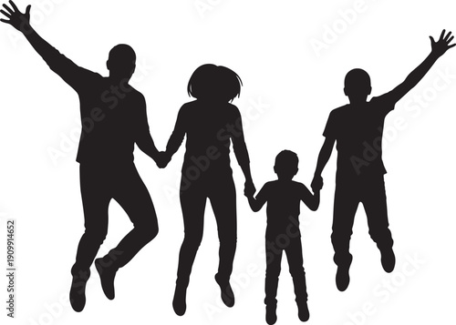 Family jumping silhouette together holding hands outdoor celebration fun activity happiness energy joy lifestyle childhood parenthood unity togetherness