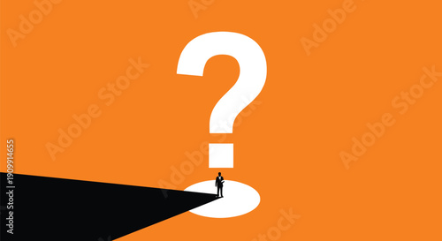 Businessman standing before giant question mark showing uncertainty