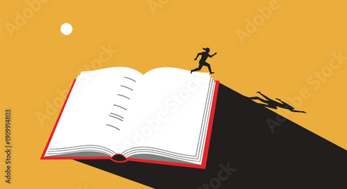 Silhouette jumping from open book into shadow