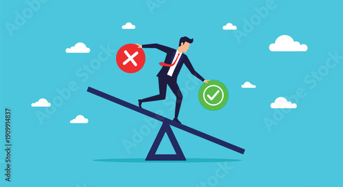 Businessman balancing success and failure on seesaw