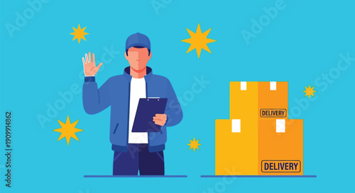 Delivery worker waving next to stacked packages