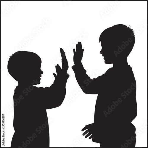 Silhouette of two young children playing and giving high five gesture isolated on transparent background for friendship and social interaction theme