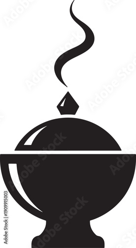 Black silhouette of an incense burner with rising smoke on transparent background, traditional object for aroma and spiritual rituals