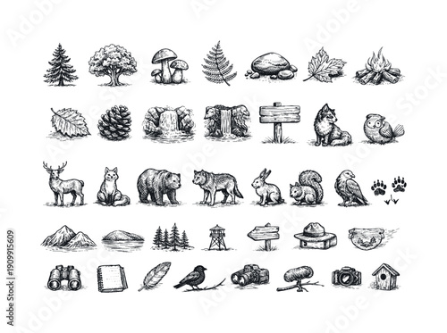 Nature outline icon set. forest, wildlife, camping icons in an outline style collection