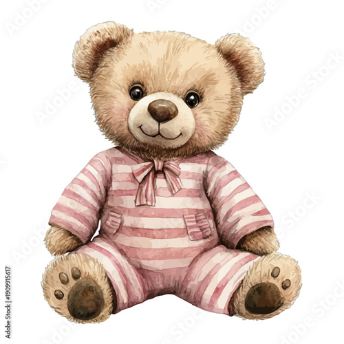 Cute Watercolor Teddy Bear Sitting in Pink and White Striped Pajamas with Bow