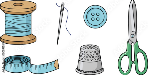 Hand Drawn Sewing and Tailoring Tools Set with Scissors Thimble Thread Needle Button and Measuring Tape Isolated on White Background